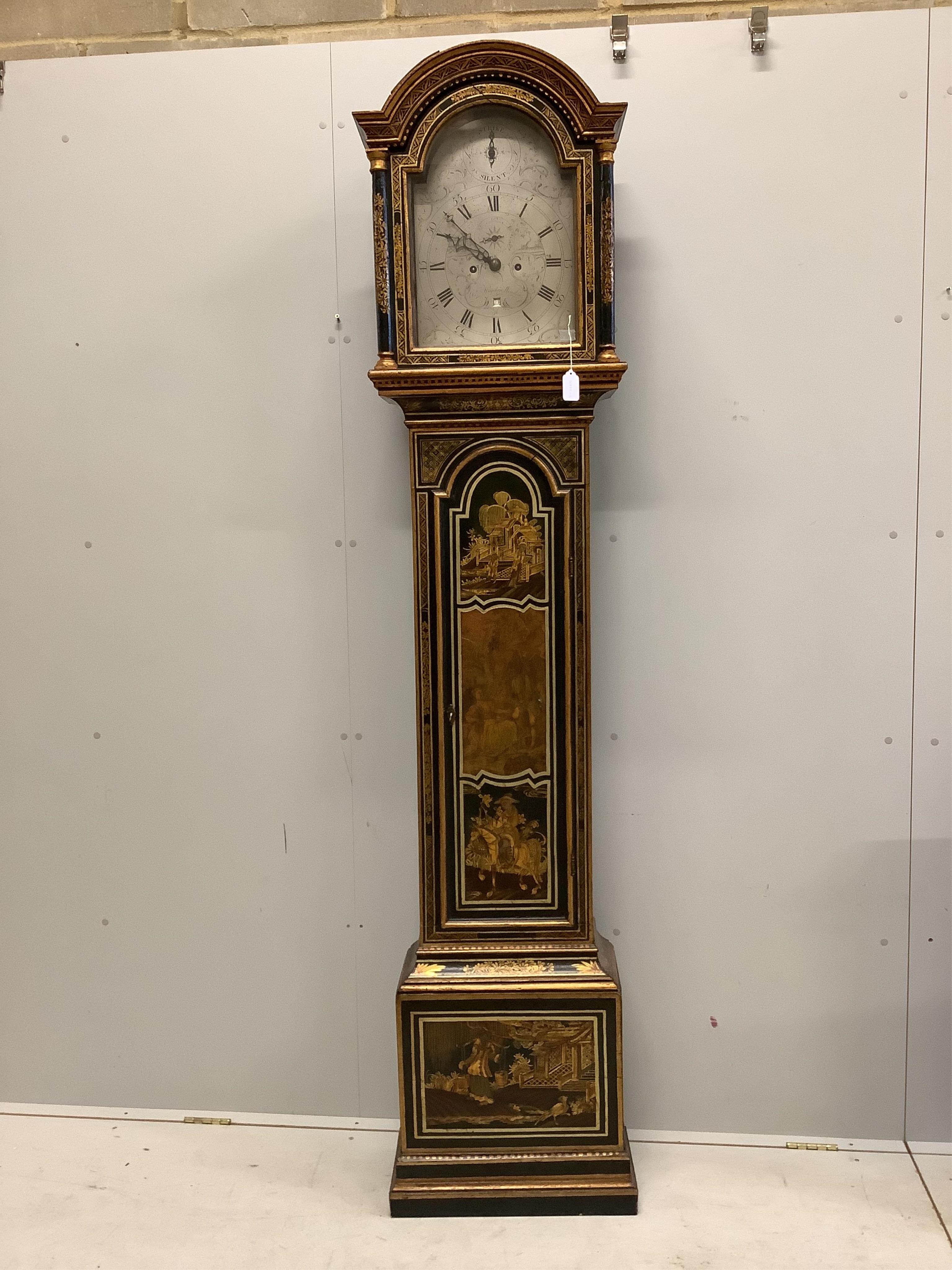 A chinoiserie lacquered eight day longcase clock, Jno. Haydon Windsor, height 222cm. Condition - fair to good